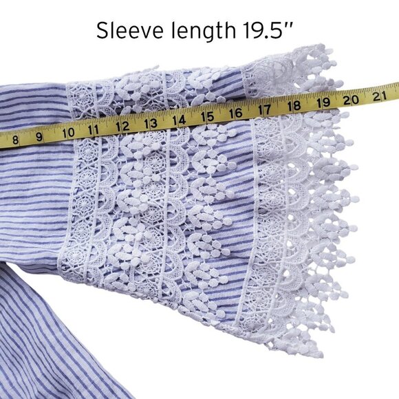 Saks Fifth Avenue 100& Linen Off-or on-Shoulder Blue Striped Lace Blouse Size M - Picture 13 of 16